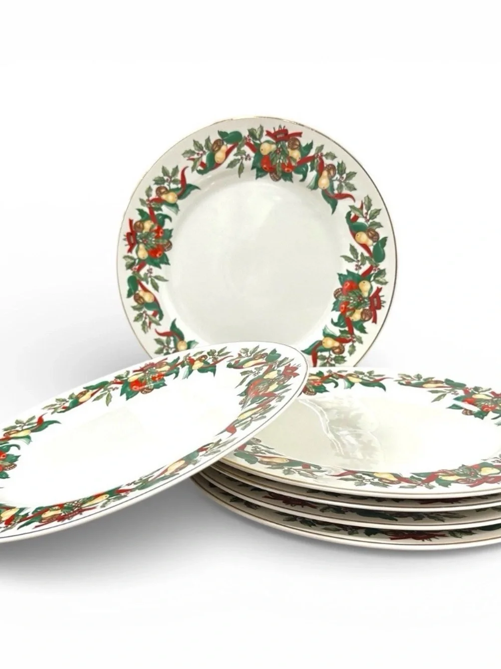 AMC Christmas Bounty Dinner Plates Set of 6 Japan Gold Trim Holiday 10⅜” Vintage